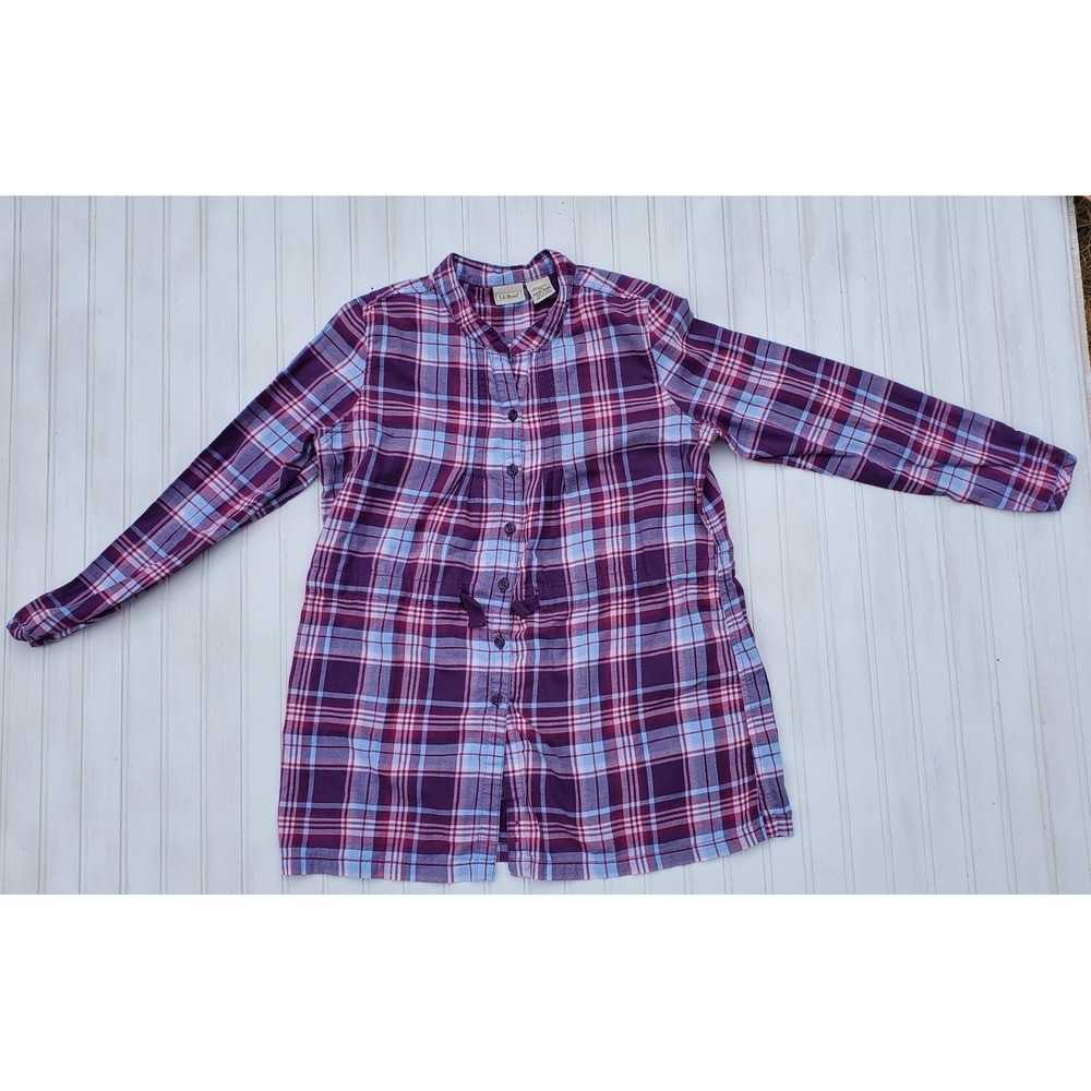 LL Bean Flannel Shirt Dress Girls Sz Large 14 Purple‎ Plaid Long Sleeve Belted